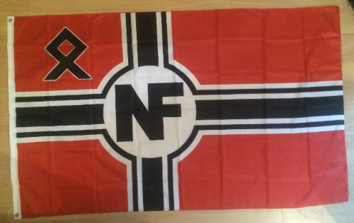 Note symbol on upper left of British far right National Front skinhead political party