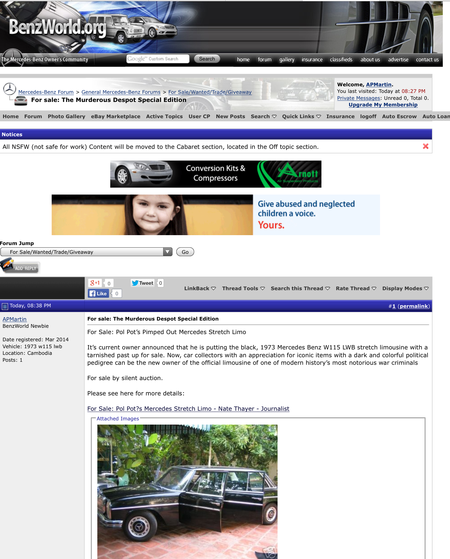 Benzworld.org announces to its niche readership that Pol Pot's black, 1973 Mercedes Benz W115 LWB stretch limousine is for sale---and even to benefit a good cause