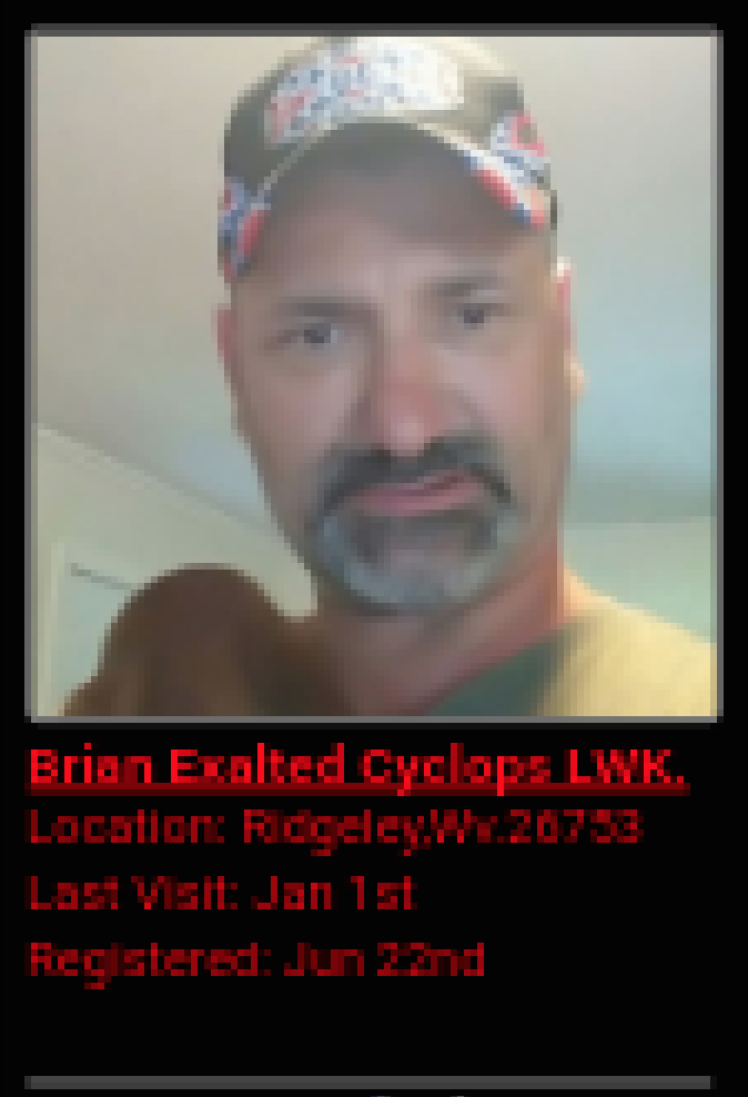 A low-resolution screenshot of a profile for 'Brian Exalted Cyclops LWK' featuring a photo of a Caucasian man with a goatee wearing a baseball cap, with red text on a black background detailing his location in Ridgeley, WV.