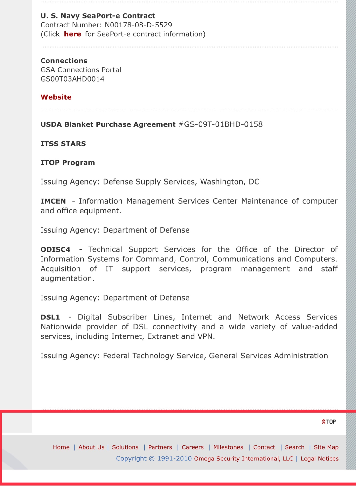 A screenshot of a webpage listing various government contracts and issuing agencies such as the U.S. Navy, USDA, and Department of Defense. The footer mentions Omega Security International, LLC.