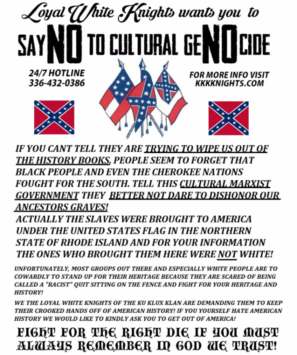 Recruitment leaflet of Chris Barker's Loyal White Knights of the Ku Klux Klan