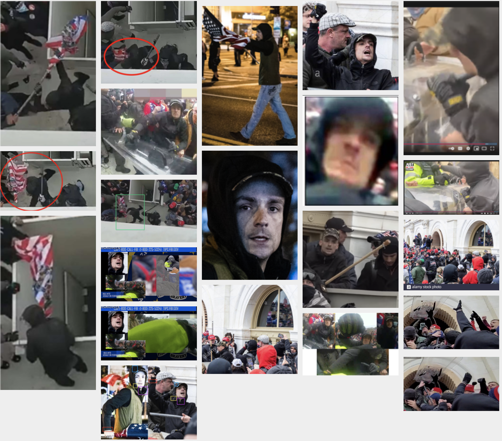 A collage of images and screenshots documenting the actions of Jonathan Munafo during the January 6th Capitol riot. The collection includes CCTV footage with highlights, FBI wanted posters, and various photographs of Munafo in the crowd and engaging with law enforcement.
