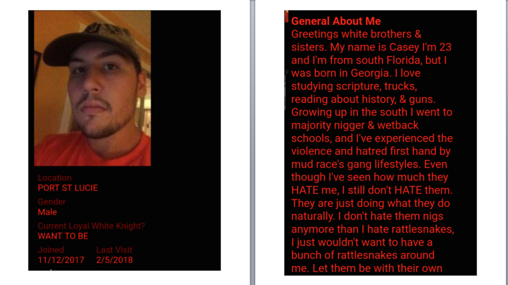 A screenshot of a profile for a man named Casey, age 23, from Port St. Lucie. The profile includes a photo of a young man in a baseball cap and red shirt, and a 'General About Me' section with racist rhetoric and white supremacist views.