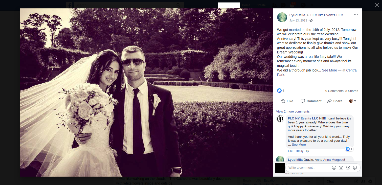 A screenshot of a Facebook post featuring a wedding photograph of a couple in a park setting. The man is wearing a dark suit, tie, and sunglasses, while the woman is in a white wedding dress holding a large bouquet. The post text by Lyud Mila celebrates their one-year wedding anniversary.