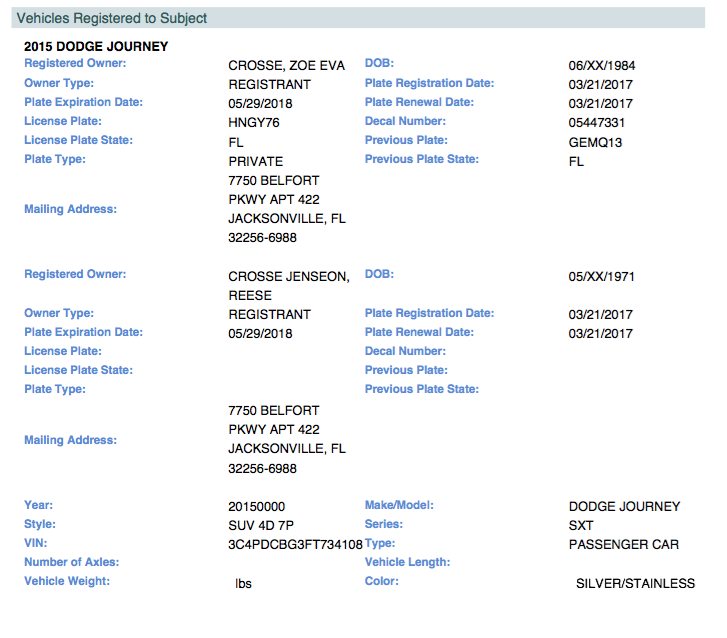 A screenshot of a vehicle registration record for a 2015 Dodge Journey, listing owners Zoe Eva Crosse and Reese Jenseon Crosse in Jacksonville, Florida.