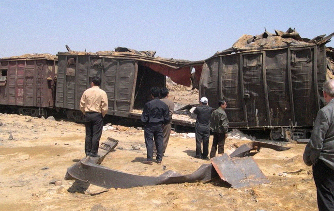 Photo of train after explosion, Ryongchon 2004 | Picture credit: David Hill, ECHO