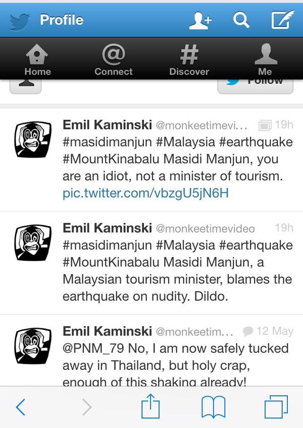 Tweet from Emil Kasinski on naked hikers accused of sparking Malaysian earthquake