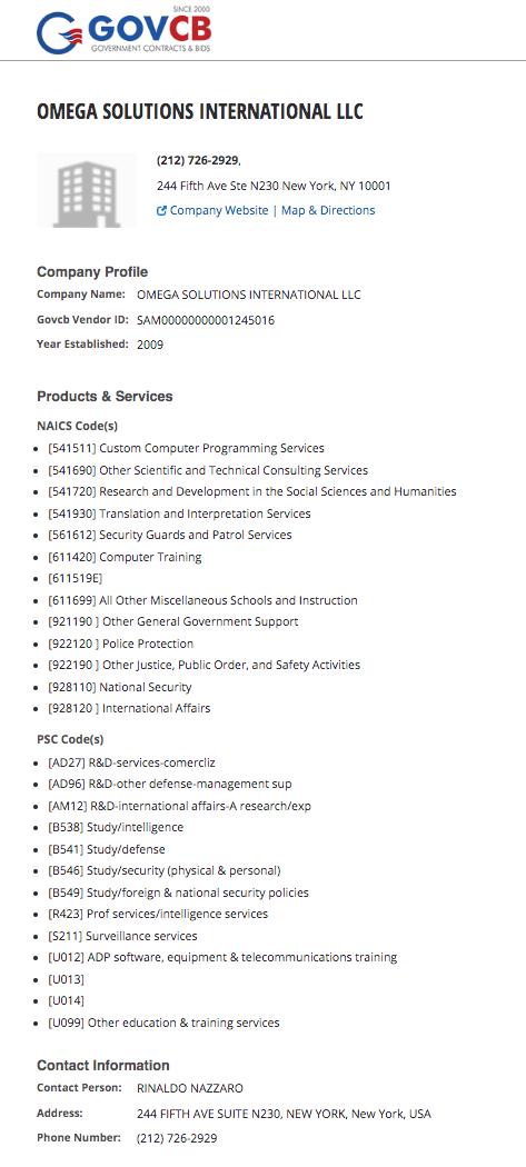 A screenshot of a company profile for Omega Solutions International LLC on the GOVCB website. The profile lists Rinaldo Nazzaro as the contact person and details various services including security, intelligence, and national security.