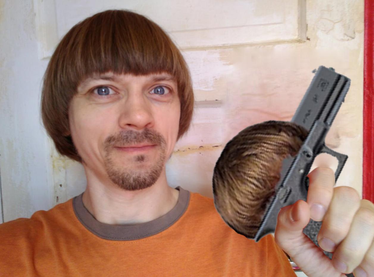 A man with a bowl cut and a goatee holding a handgun that also has a bowl cut hairstyle edited onto it.