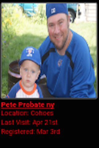 A screenshot of a profile for 'Pete Probate ny' from Cohoes, featuring a photo of a bearded man in a blue baseball cap and shirt sitting next to a young child.