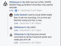A screenshot of a Facebook comment thread where users discuss the Loyal White Knights of the KKK. One user mentions putting up a flag, and another mentions sending a flyer. The profile icons are small and blurry.