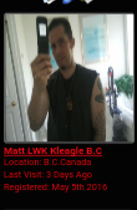 A low-resolution screenshot of a profile for 'Matt LWK Kleagle B.C' from British Columbia, Canada. The profile features a mirror selfie of a man with dark hair, a goatee, and arm tattoos, wearing a black sleeveless vest.