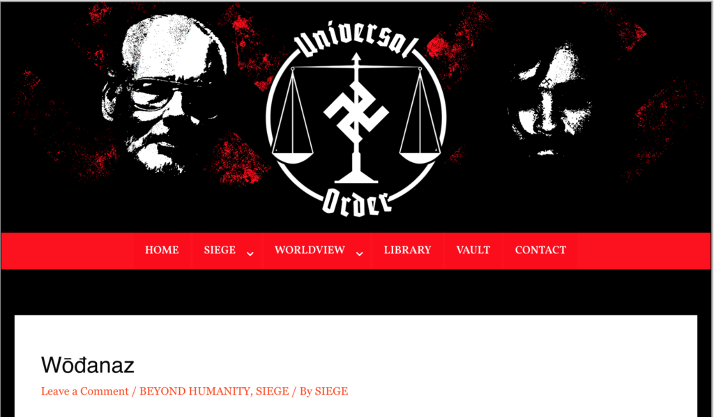 A screenshot of the 'Universal Order' website header featuring a logo with a swastika on a scale, flanked by high-contrast portraits of James Mason and Charles Manson. Below the header is a red navigation bar and the start of a blog post titled 'Wōđanaz' by 'SIEGE'.