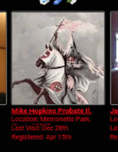 A screenshot of a profile for 'Mike Hopkins Probate IL' featuring a KKK-themed illustration of a hooded figure on a white horse, with location and registration dates.